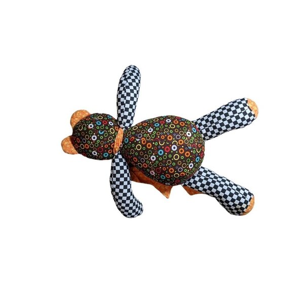Handmade fabric teddy bear  18" brown orange black checks circles  plush   cotto - Picture 7 of 9